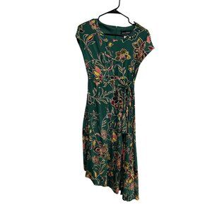 Donna Morgan Green Floral Rayon Wrap Dress Sz 4 Cap Sleeves Asymmetrical Hemline
